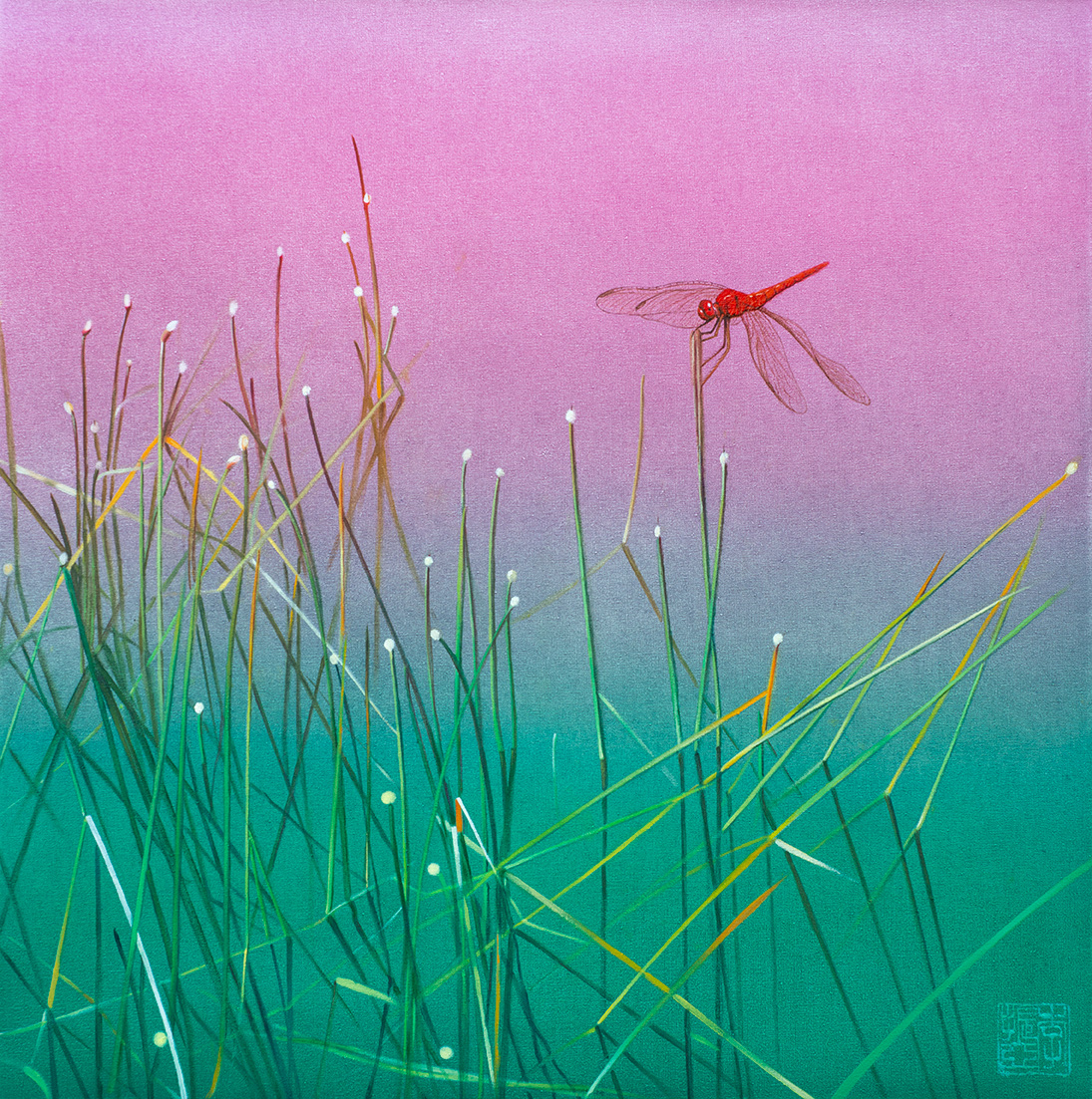 Eine rote Libelle sitzt auf Halmen. Der Hintergrund verschwimmt vom grünen ins rosane.